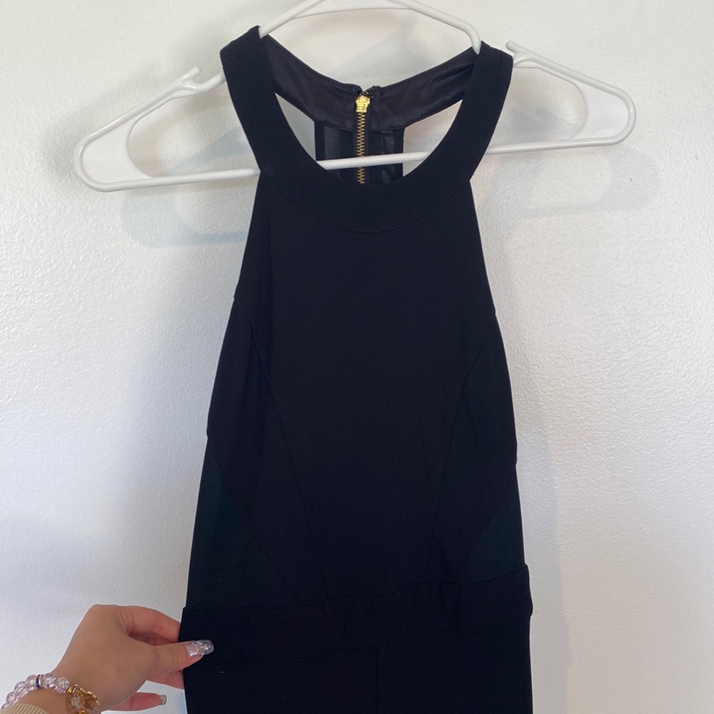Bebe Bodycon Black Fitted Jumpsuit with Gold Detailing and Zipper